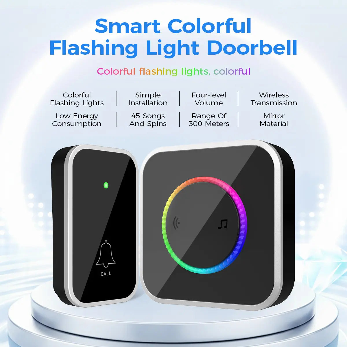 Wireless Doorbell, Easy installation, Waterproof, Adjustable Volume, 45 Chimes, Colorful LED, 1000Ft Range, Black