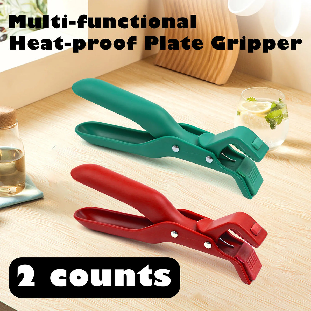 2 Counts Hot Plate Gripper, Multi-Purpose Anti-Scald Tool for Bowls, Plates, Pans, Serving as Holder, Clip, Tongs, Clamp in Kitchen Red & Green