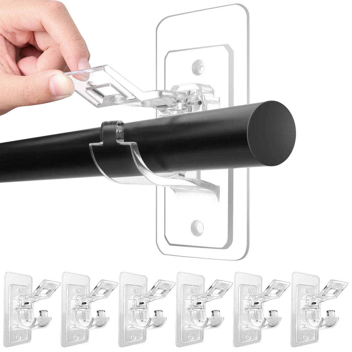6-Pack No Drill Needed Curtain Rod Holders Brackets, Self Adhesive Rod Holder Hooks, Multipurpose Nail Free Stick on Curtain Rod Hooks Decor Bathroom