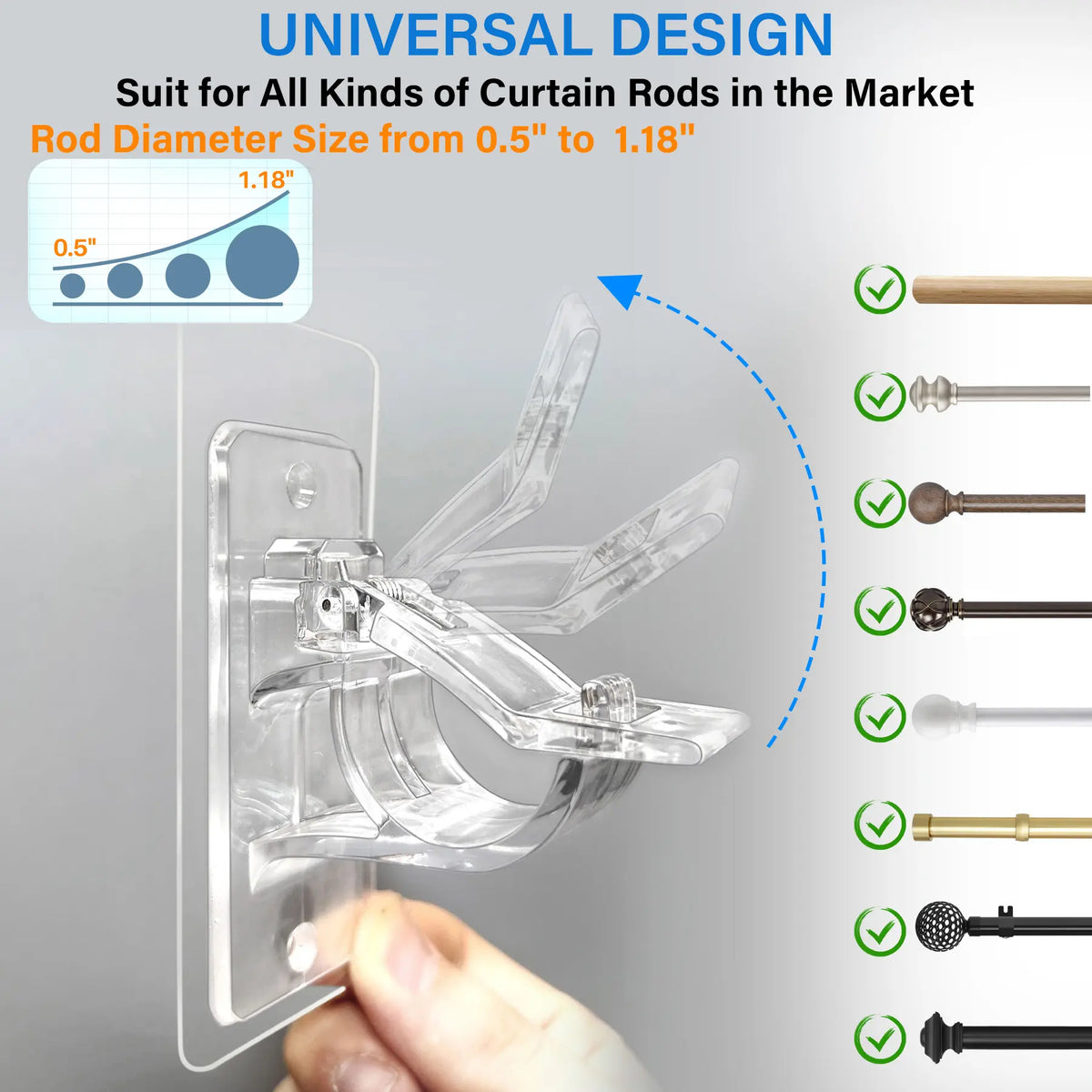 6-Pack No Drill Needed Curtain Rod Holders Brackets, Self Adhesive Rod Holder Hooks, Multipurpose Nail Free Stick on Curtain Rod Hooks Decor Bathroom