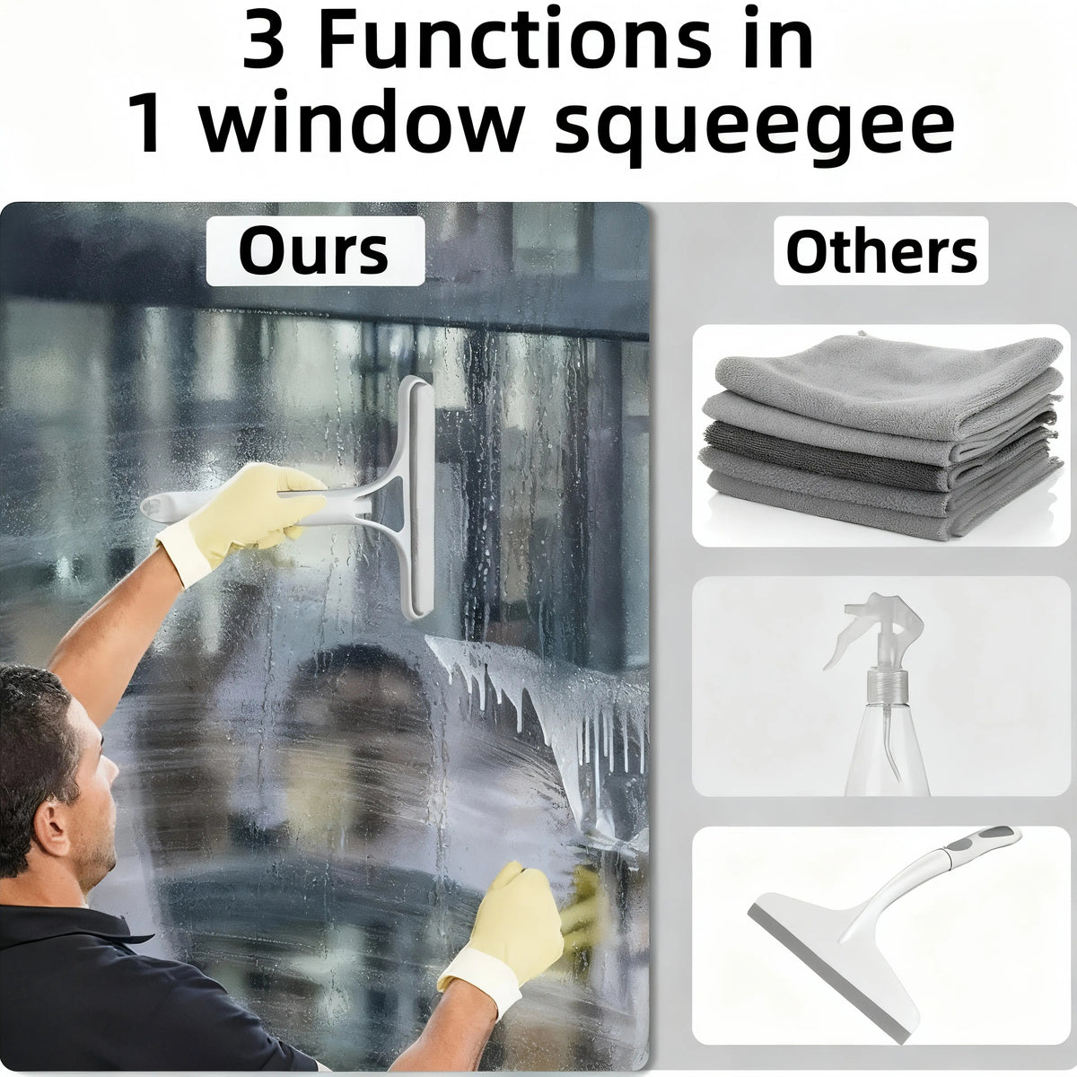 3 in 1 Window Cleaning Scraper, Squeegee and Scrubber with Spray, Multifunctional Household Cleaning Tool, Car Windshield Cleaner,Lightweight Silicone Microfiber Wipe