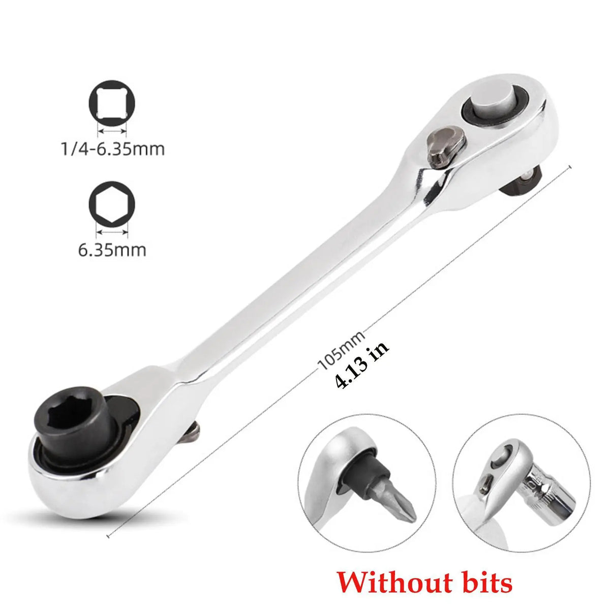 Silver Ratchet Wrench 1/4 Inch Mini Double Headed 72 Tooth Drive Socket (Bits Not Included), Ratchet Set Rotator Practical Accessories Tool, 5 Degrees Quick Install Release