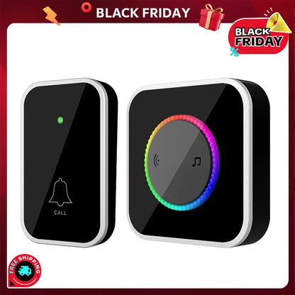 Wireless Doorbell, Easy installation, Waterproof, Adjustable Volume, 45 Chimes, Colorful LED, 1000Ft Range, Black